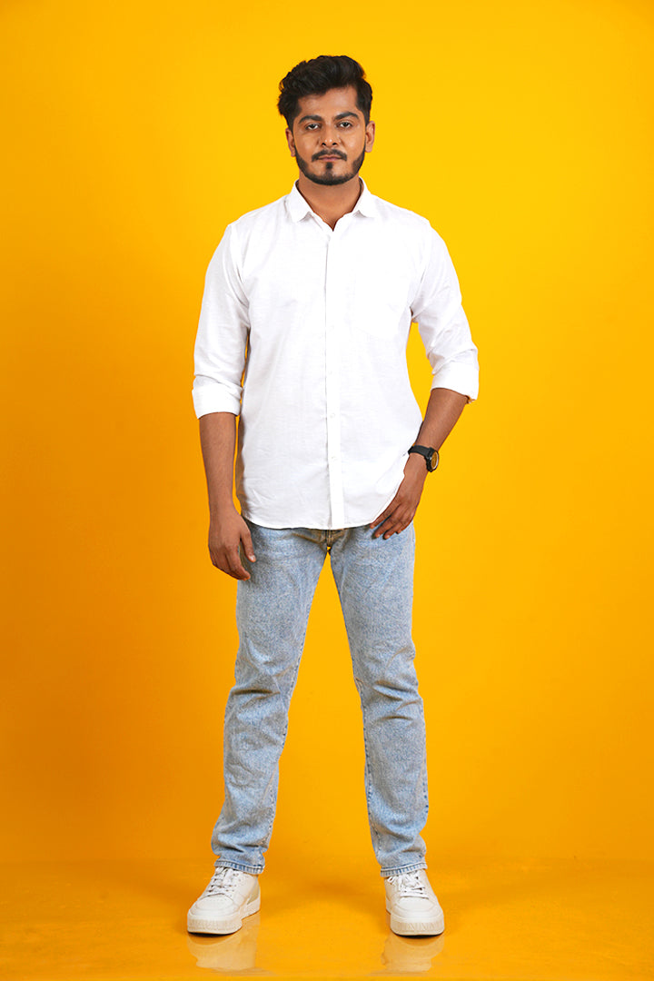 Linen Blend White Plain Shirt