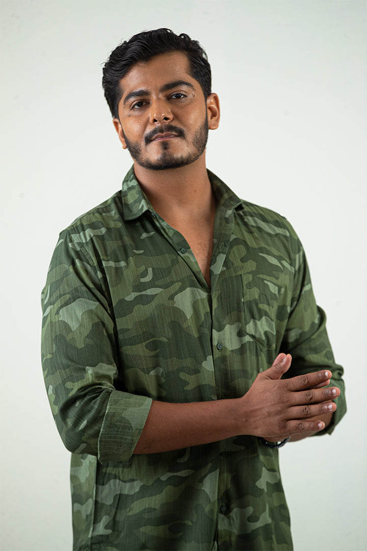 Olive Green Army Print Cotton Shirt