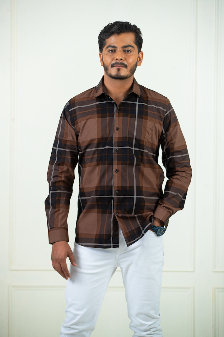 Brown Yarn Dyed Cotton Check Shirt