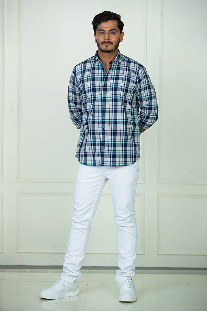 Blue Yarn Dyed Cotton Check Shirt