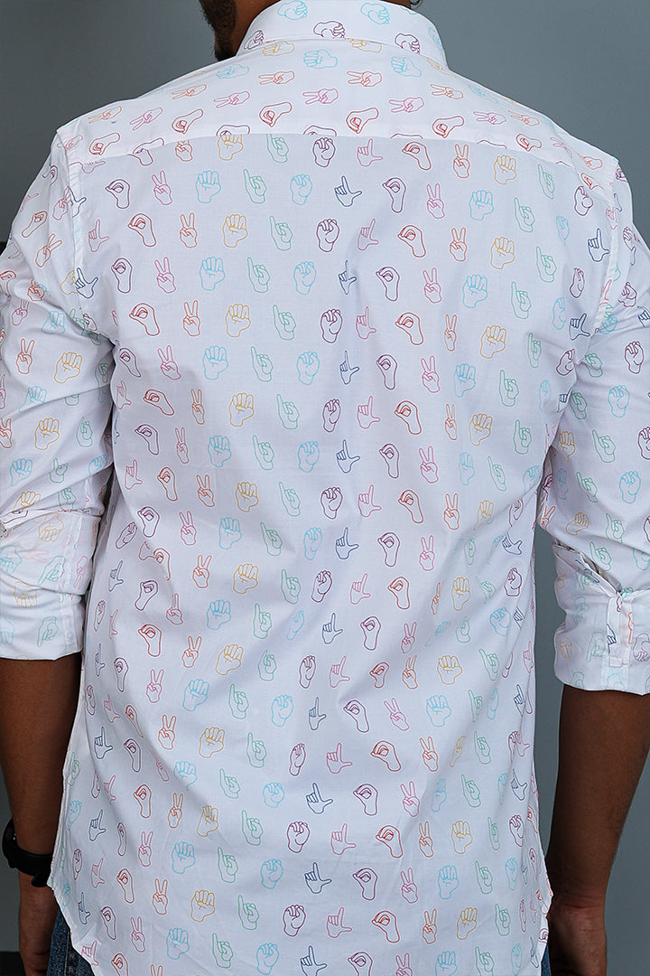 White Hand Sign Print Cotton Shirt