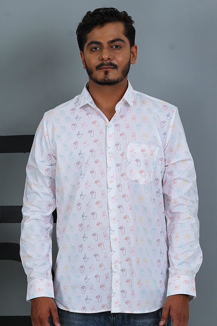 White Hand Sign Print Cotton Shirt